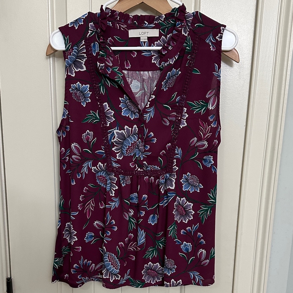 LOFT Burgundy Floral Ruffle Blouse